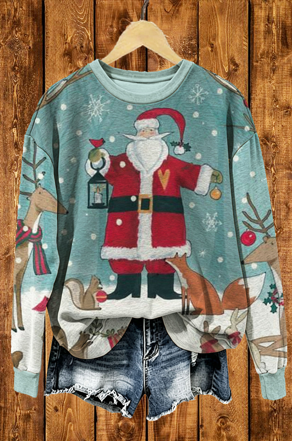 Vintage Santa Claus Forest Animals Christmas Crewneck Sweatshirt