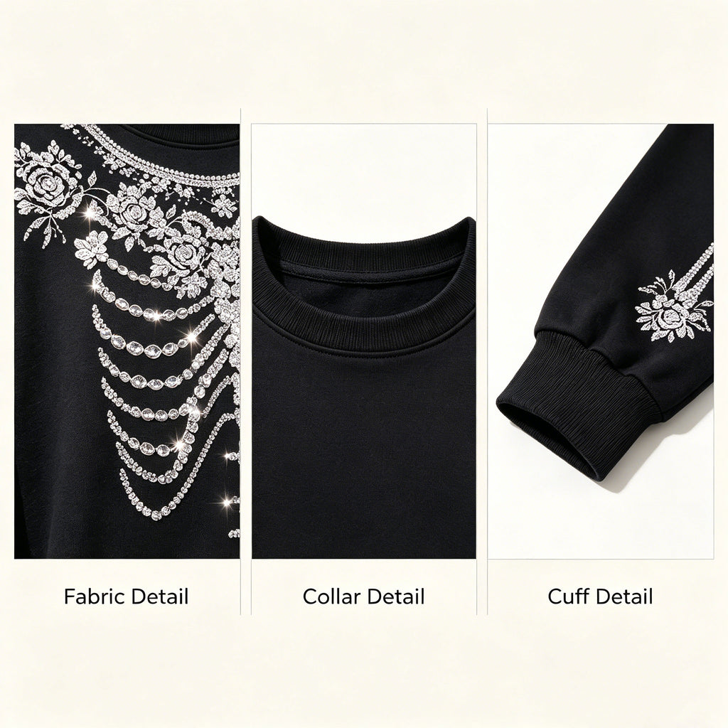 Rhinestone Floral Skeleton Sweatshir