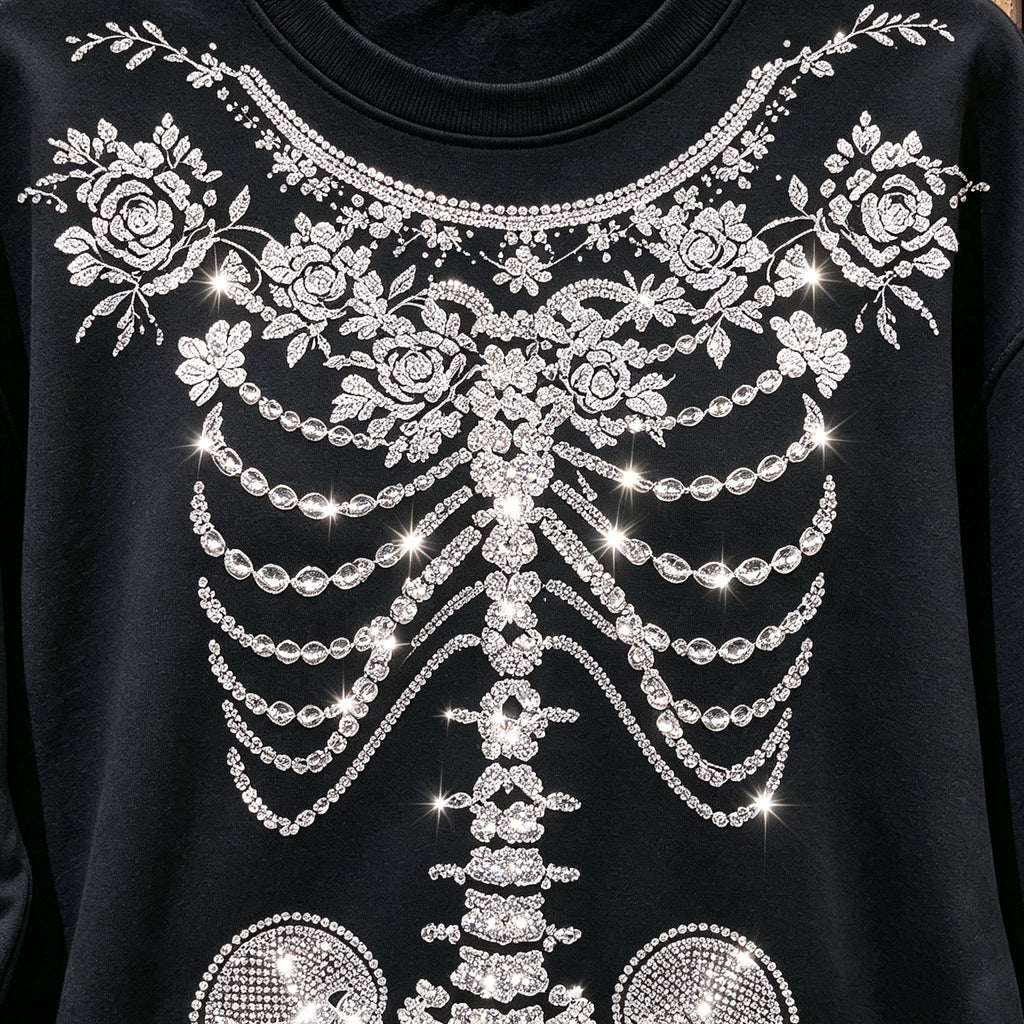 Rhinestone Floral Skeleton Sweatshir