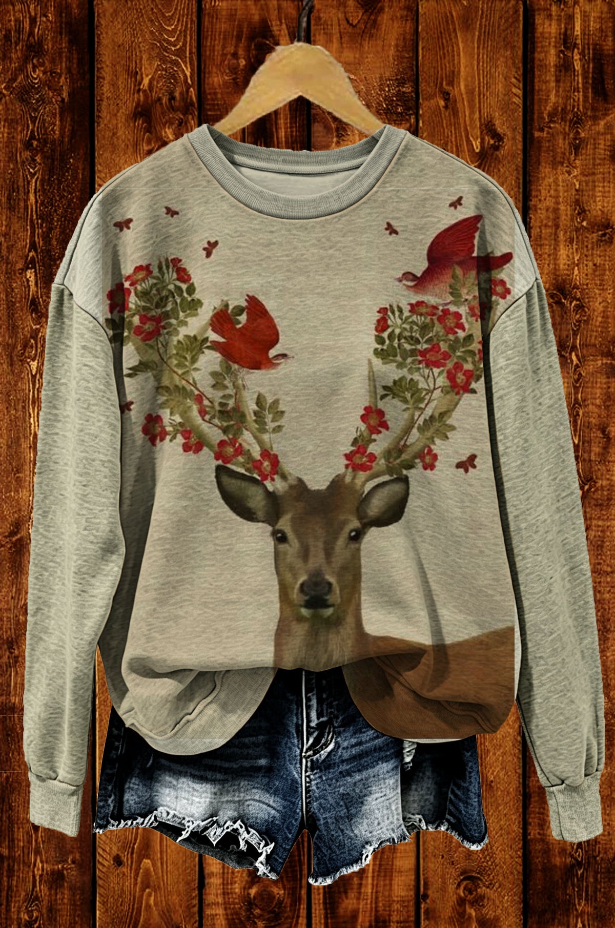 Vintage Deer with Floral Antlers Crewneck Sweatshirt