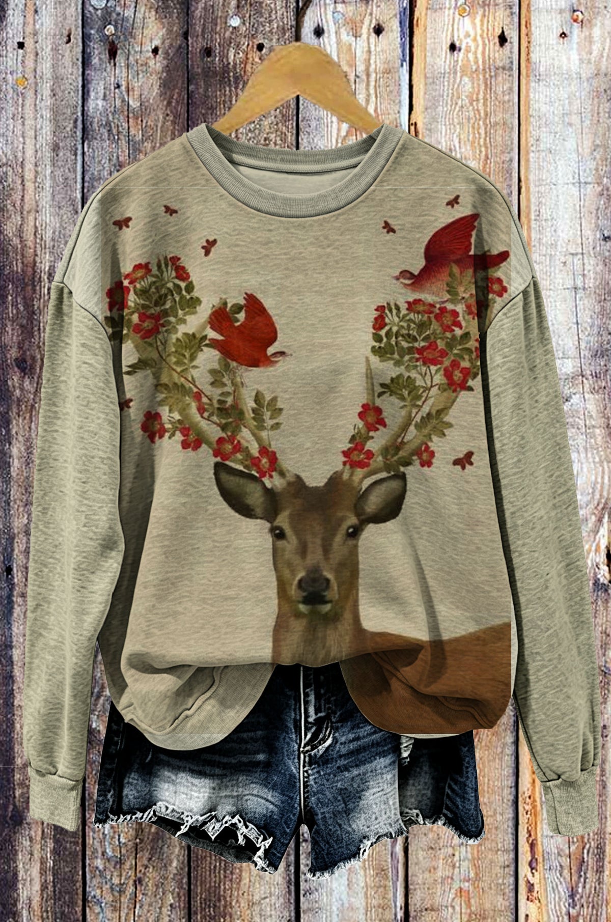 Vintage Deer with Floral Antlers Crewneck Sweatshirt