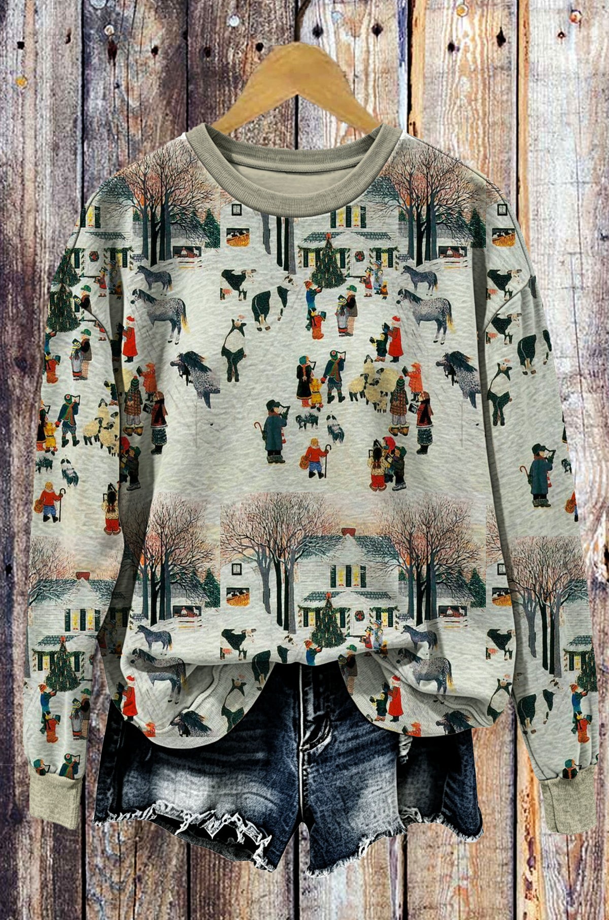 intage Winter Village Folk Art Christmas Crewneck Sweatshirt