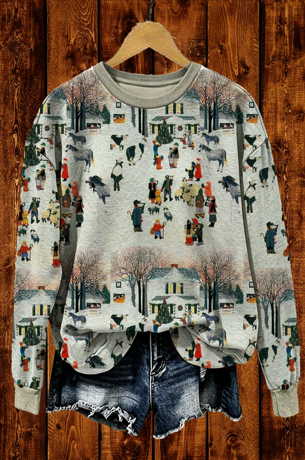 intage Winter Village Folk Art Christmas Crewneck Sweatshirt