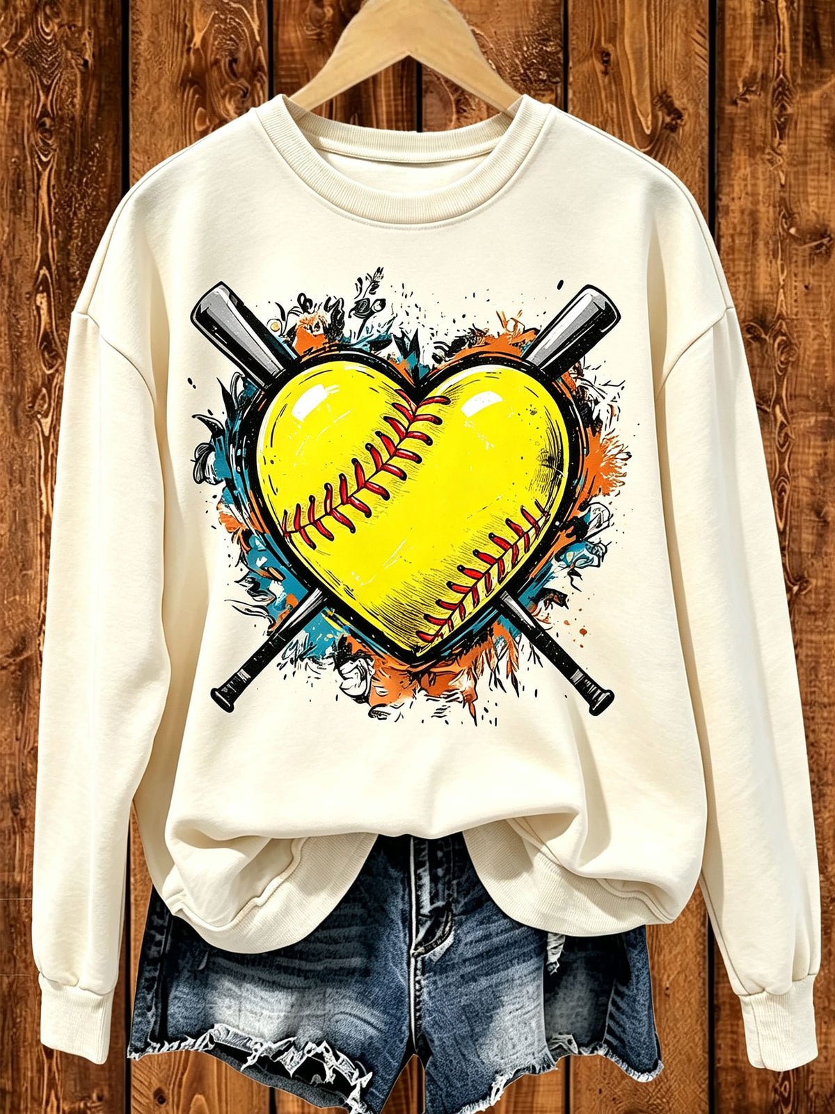 Softball Heart Crewneck Sweatshirt, Vintage Softball Bat Graphic Pullover, Softball Mom Gift Top