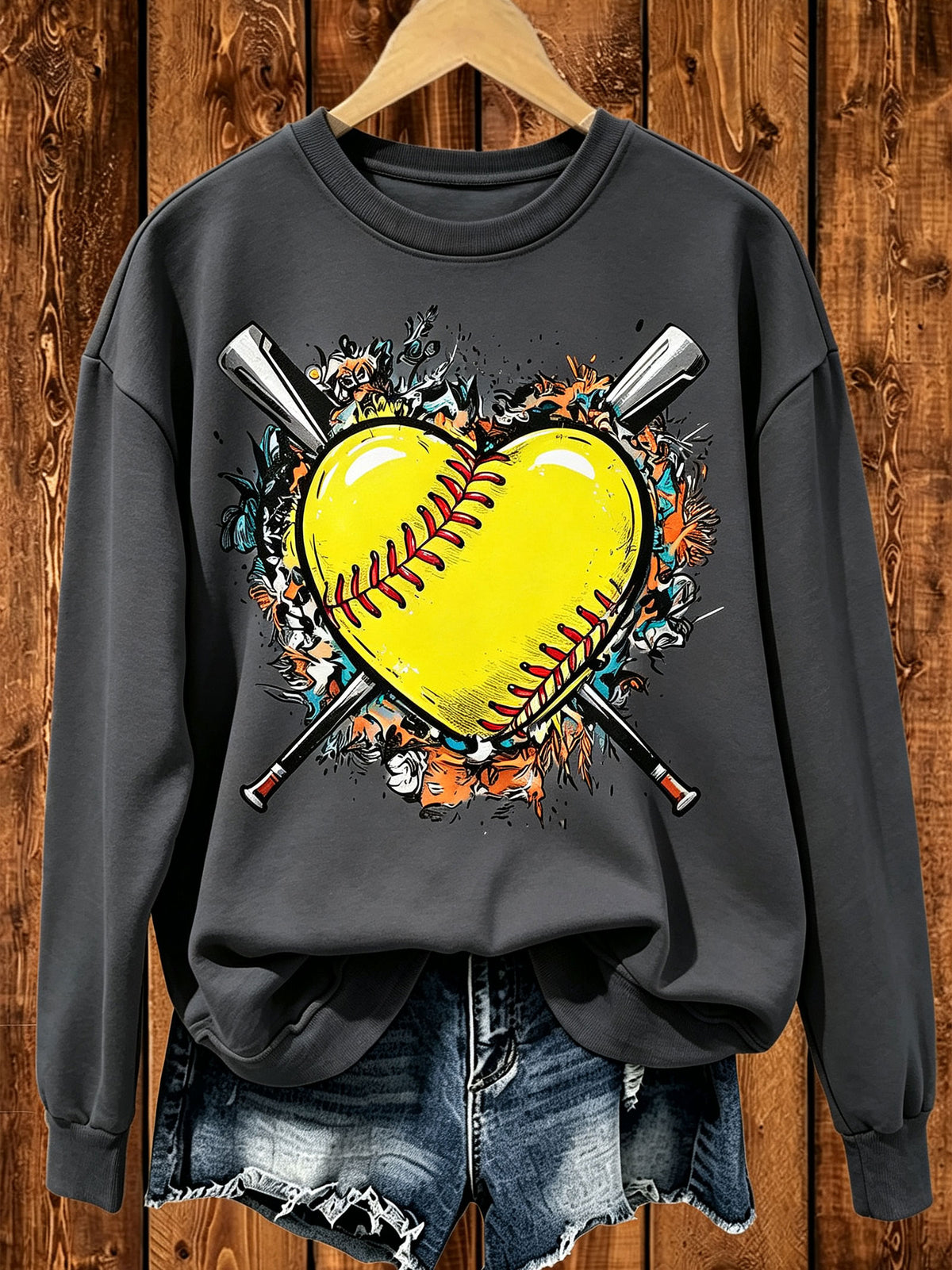 Softball Heart Crewneck Sweatshirt, Vintage Softball Bat Graphic Pullover, Softball Mom Gift Top