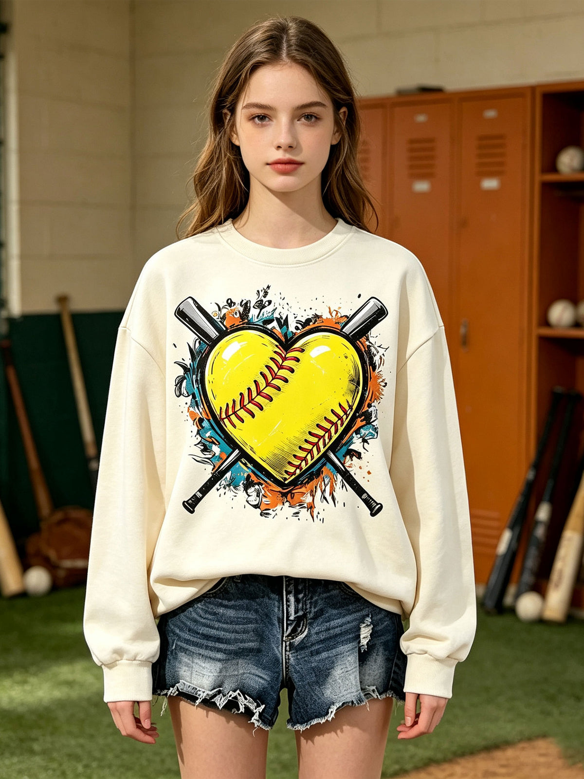 Softball Heart Crewneck Sweatshirt, Vintage Softball Bat Graphic Pullover, Softball Mom Gift Top