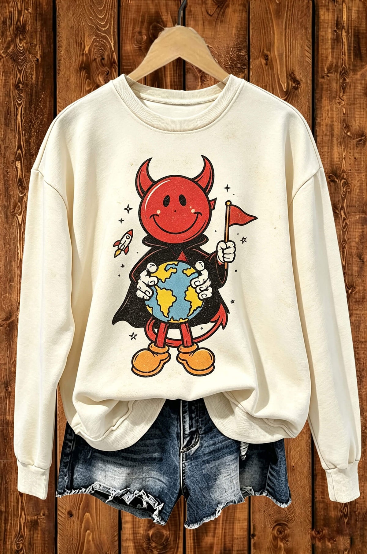 Retro Devil Earth Graphic Crewneck Sweatshirt