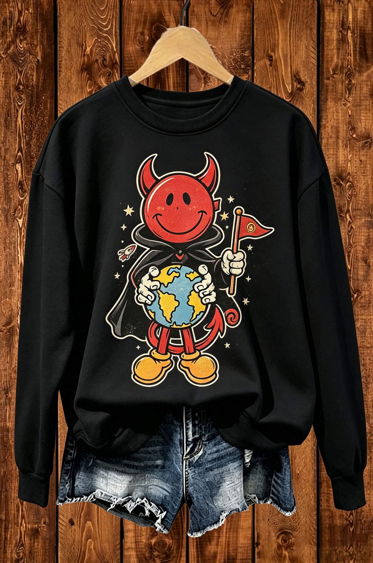 Retro Devil Earth Graphic Crewneck Sweatshirt