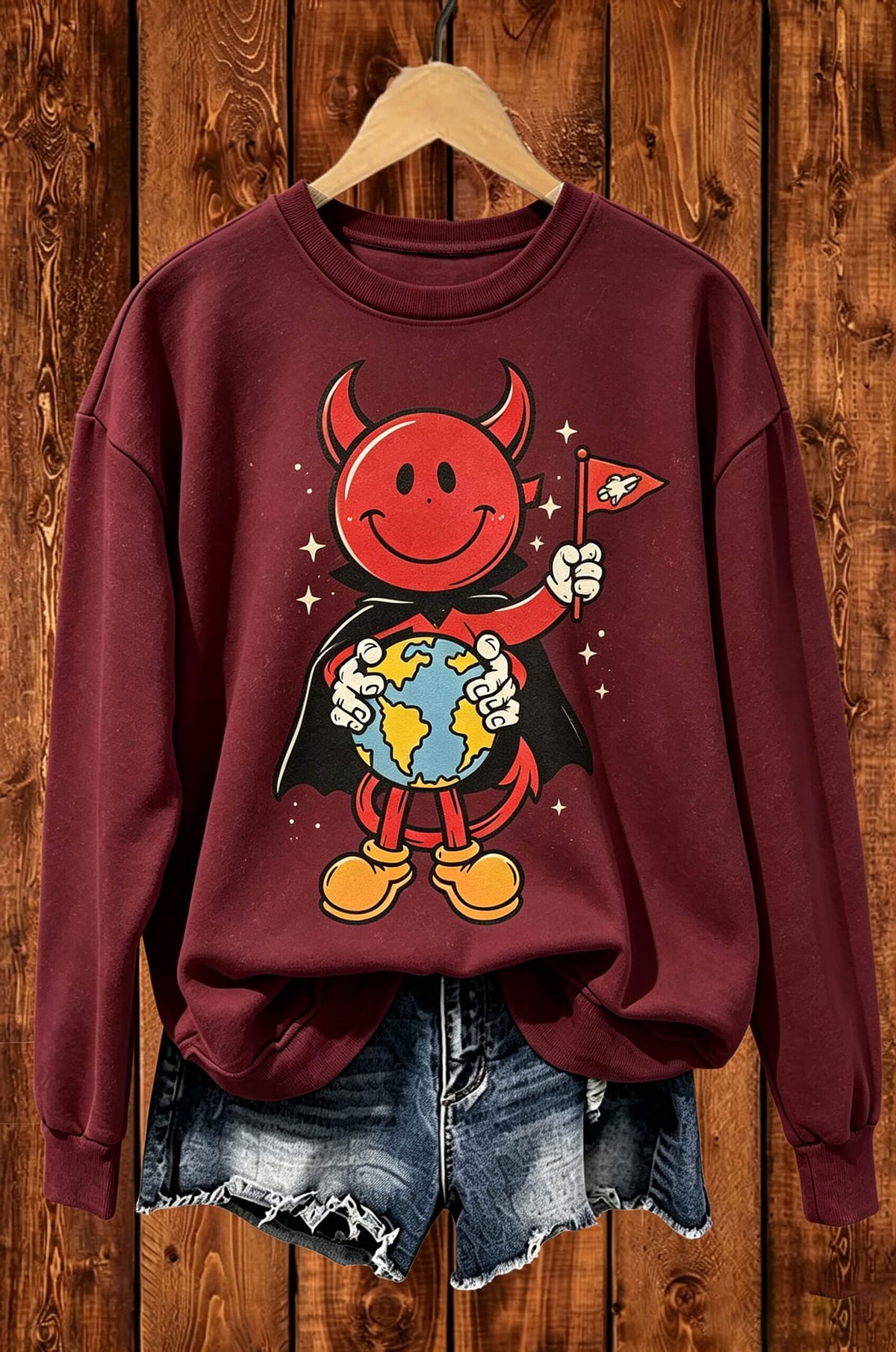 Retro Devil Earth Graphic Crewneck Sweatshirt