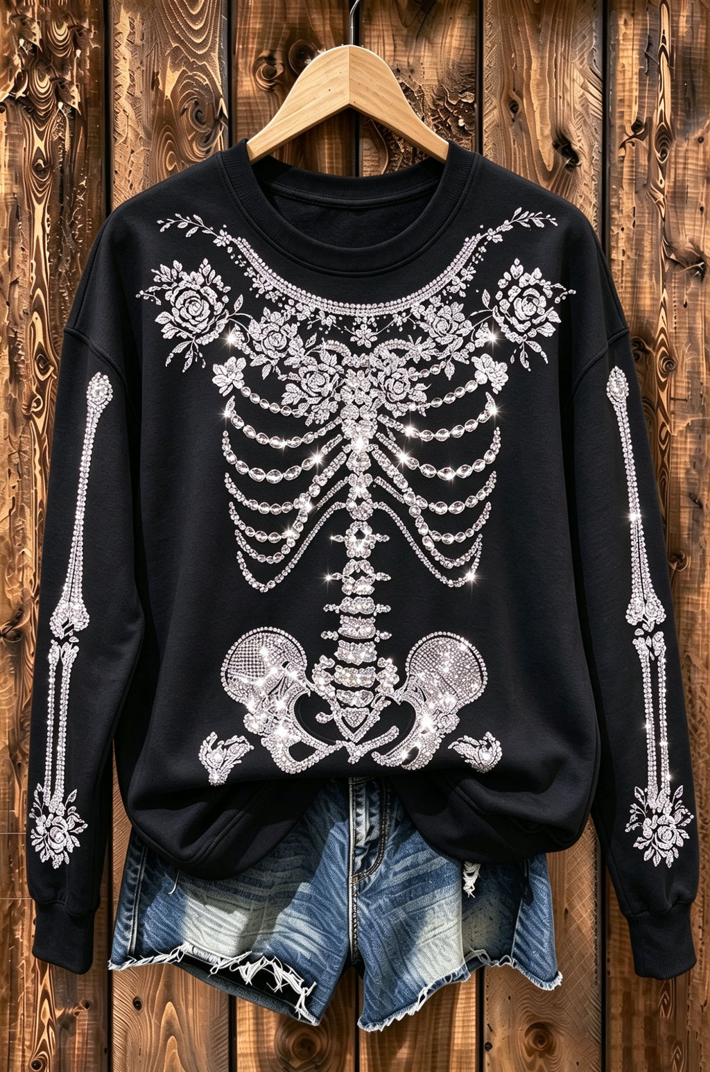 Rhinestone Floral Skeleton Sweatshir