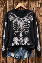 Rhinestone Floral Skeleton Sweatshir