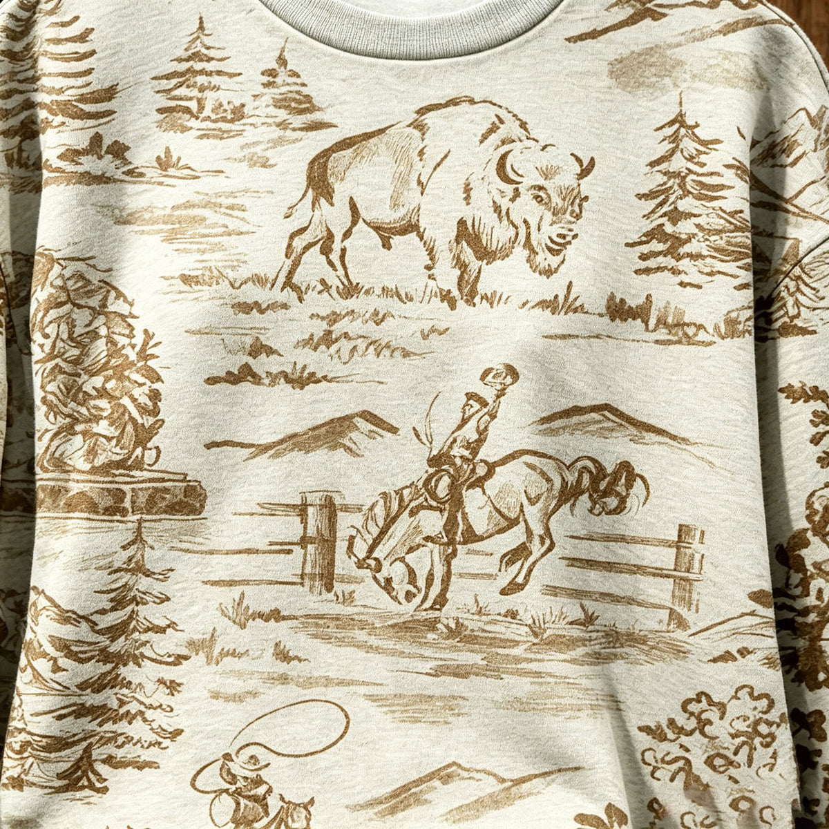 Vintage Western Cowboy Bison Sketch Crewneck Sweatshirt,