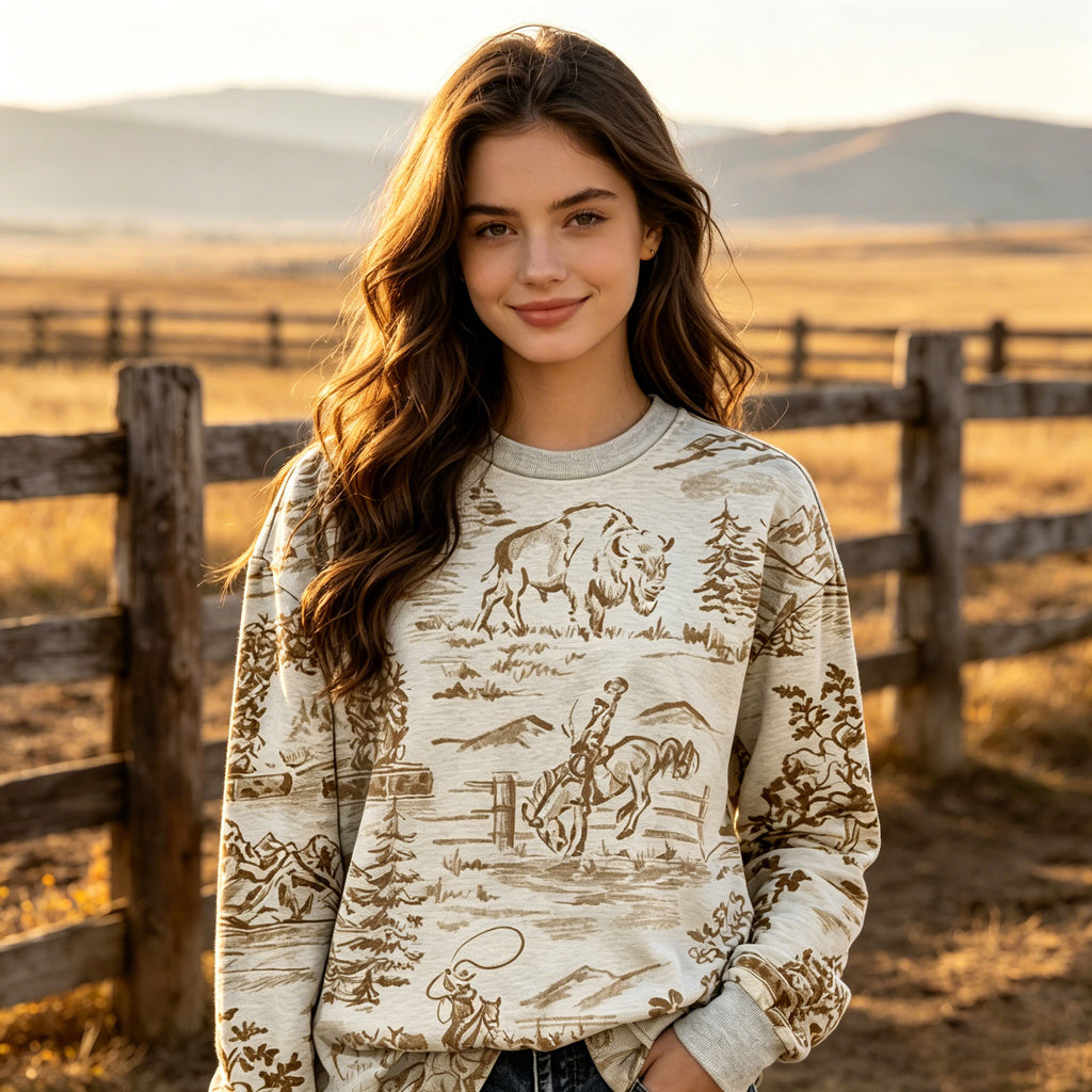 Vintage Western Cowboy Bison Sketch Crewneck Sweatshirt,
