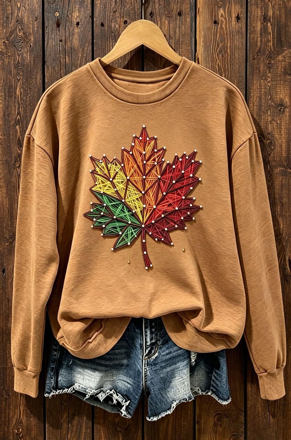 Embroidered Maple Leaf with Pearl Accents Crewneck Sweatshirt