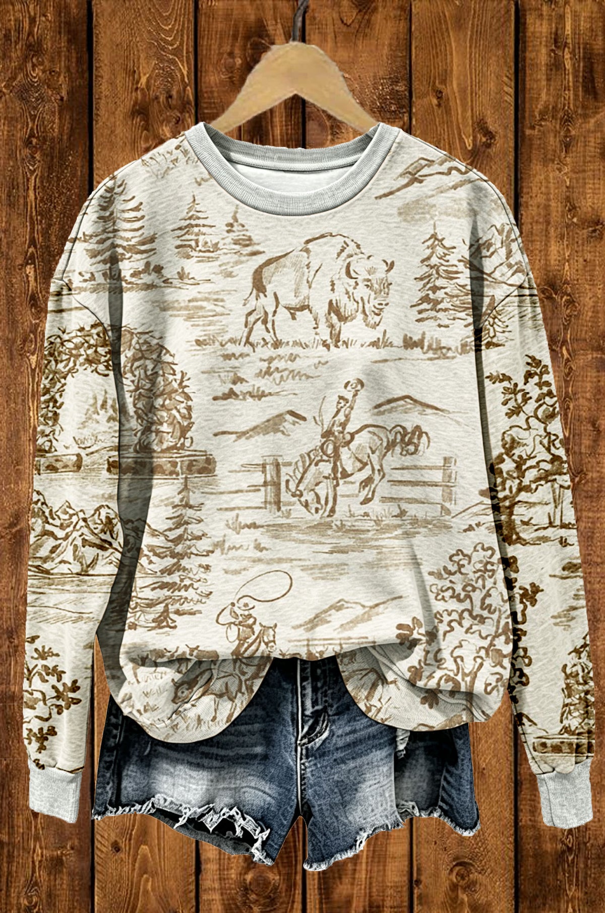 Vintage Western Cowboy Bison Sketch Crewneck Sweatshirt,