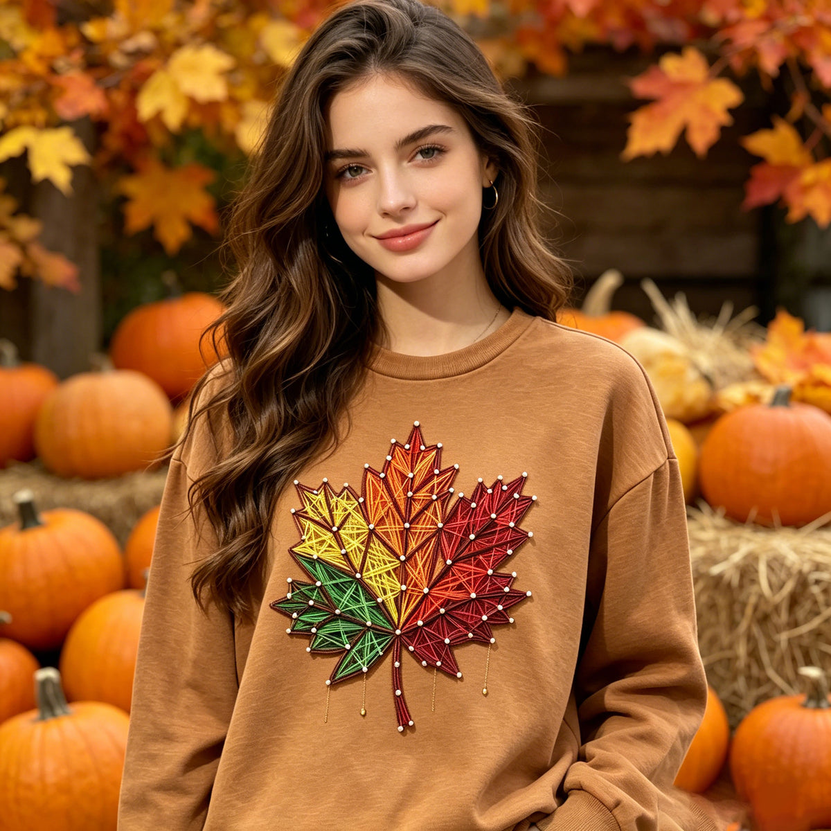 Embroidered Maple Leaf with Pearl Accents Crewneck Sweatshirt