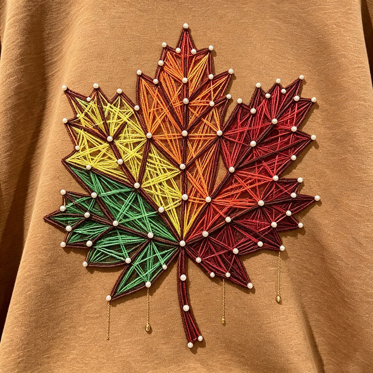 Embroidered Maple Leaf with Pearl Accents Crewneck Sweatshirt