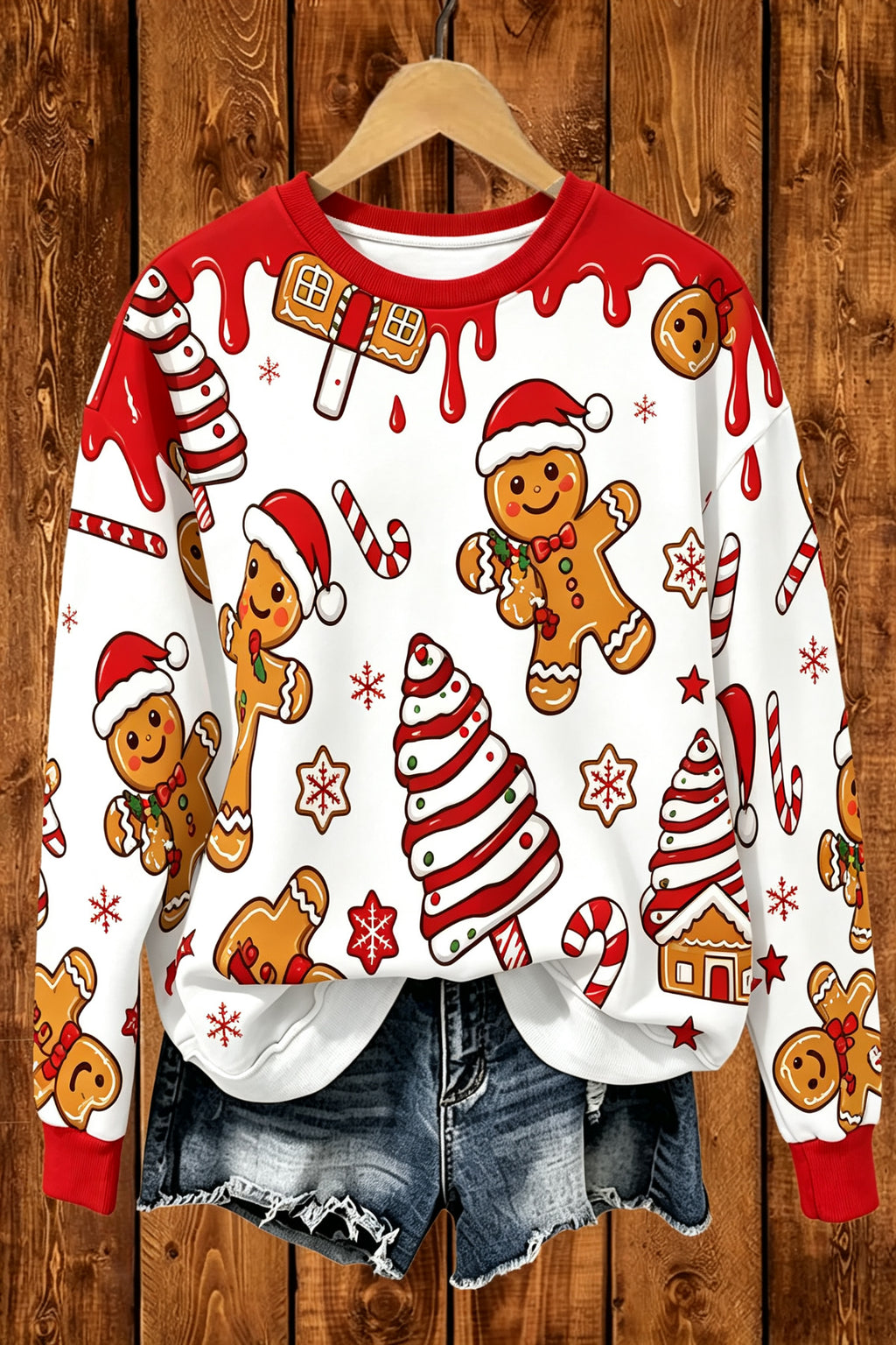 Christmas Gingerbread Man Sweatshirt, Cute Xmas Candy Cane Tree Print Crewneck, Holiday Party Pullover for Women