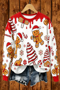 Christmas Gingerbread Man Sweatshirt, Cute Xmas Candy Cane Tree Print Crewneck, Holiday Party Pullover for Women
