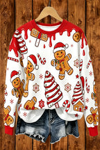 Christmas Gingerbread Man Sweatshirt, Cute Xmas Candy Cane Tree Print Crewneck, Holiday Party Pullover for Women