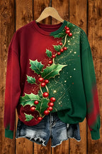 Red Green Gradient Christmas Holly Sweatshirt For Women