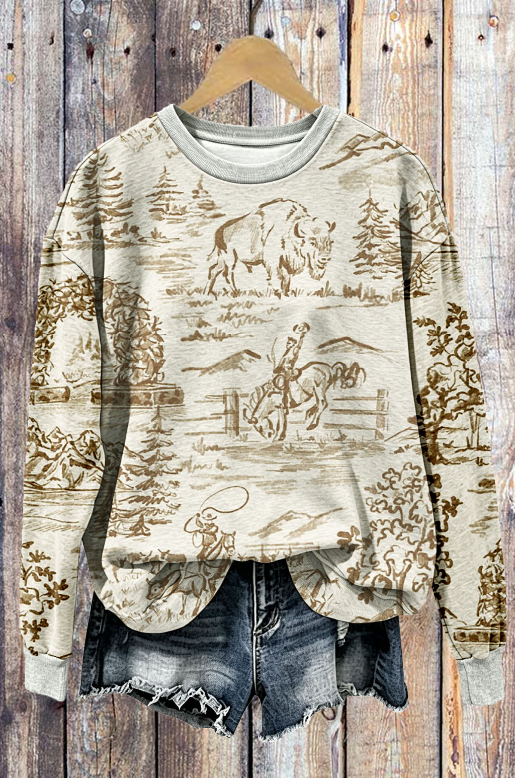 Vintage Western Cowboy Bison Sketch Crewneck Sweatshirt,