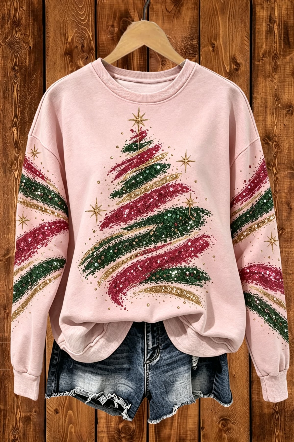 Brush Stroke Glitter Christmas Tree Sweatshirt Pink Long Sleeve Holiday Pullover for Women