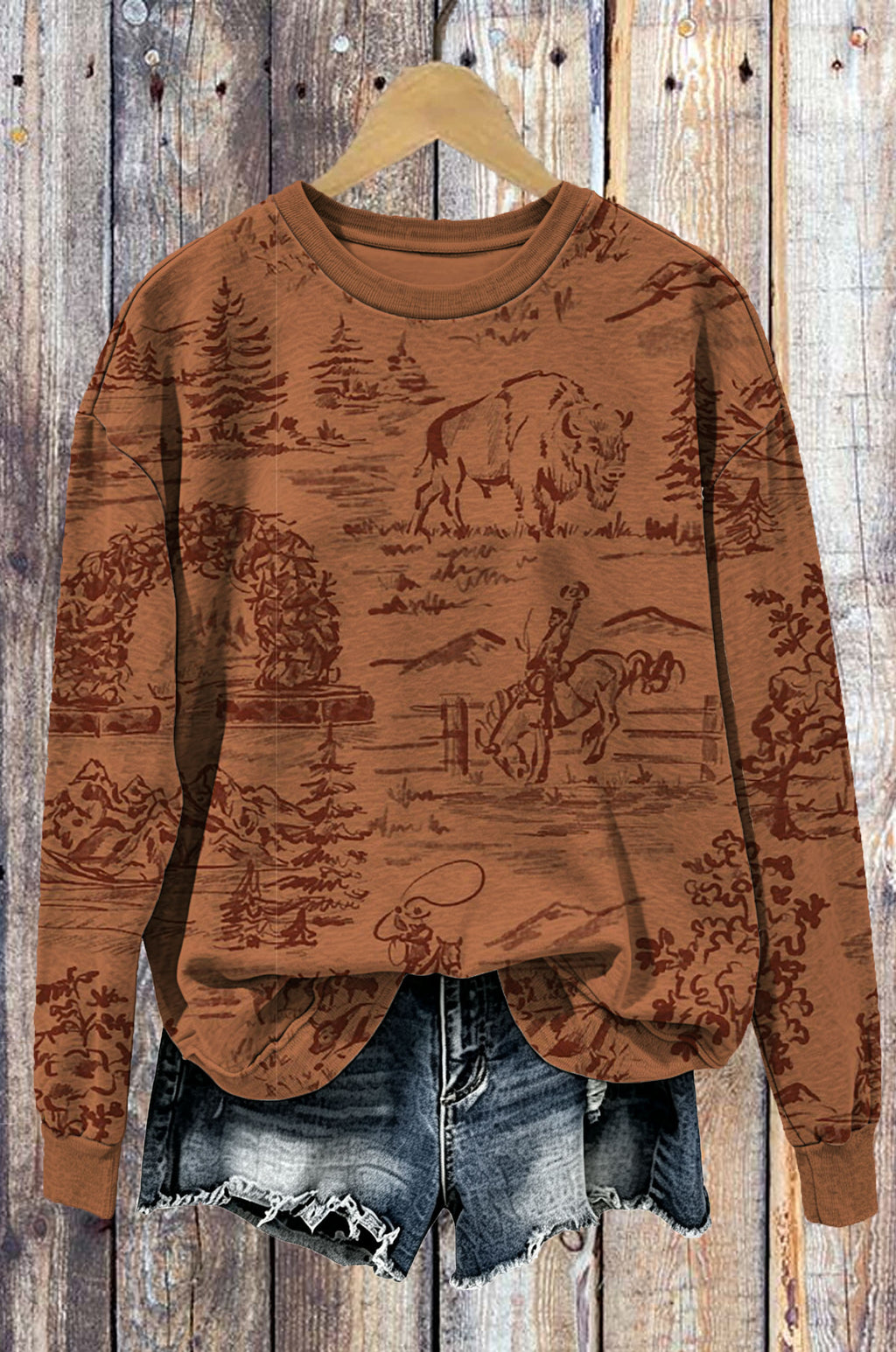 Vintage Western Cowboy Bison Sketch Crewneck Sweatshirt,