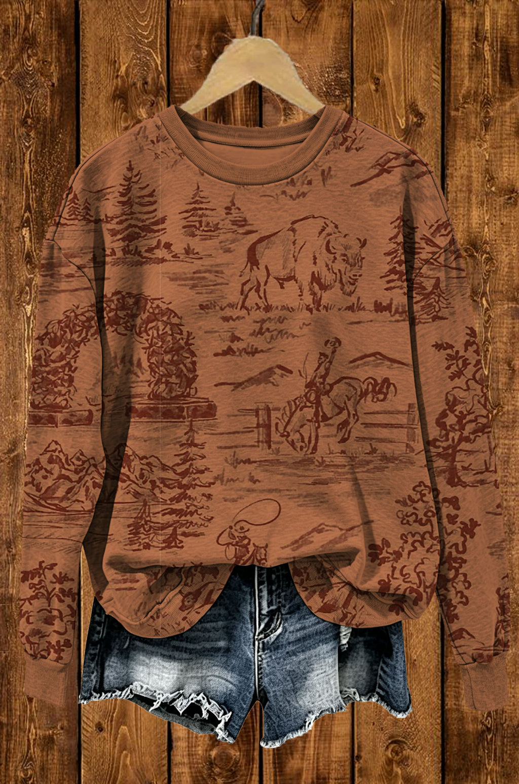 Vintage Western Cowboy Bison Sketch Crewneck Sweatshirt,