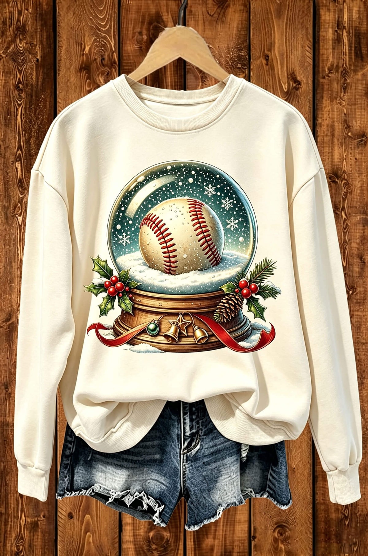 Christmas Baseball Snow Globe Graphic Crewneck Sweatshirt