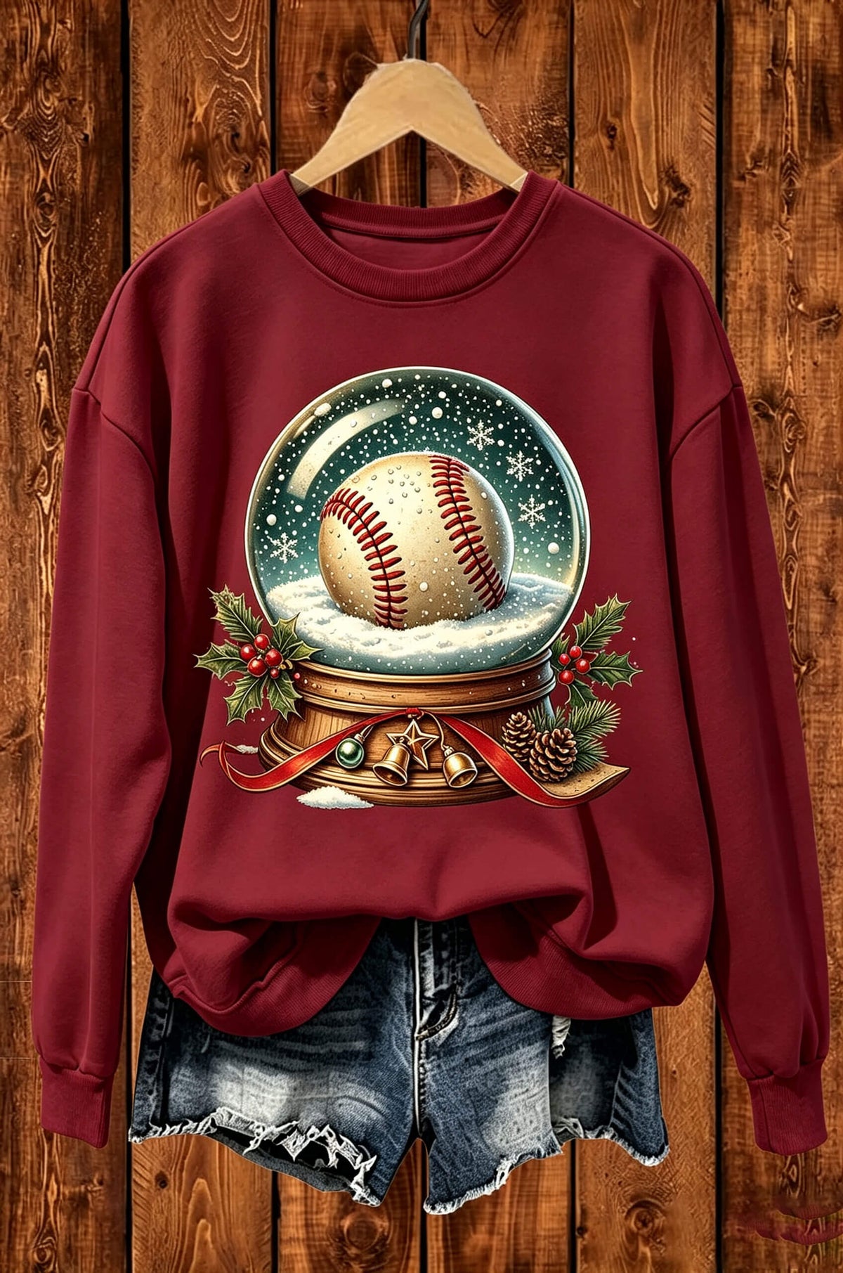 Christmas Baseball Snow Globe Graphic Crewneck Sweatshirt