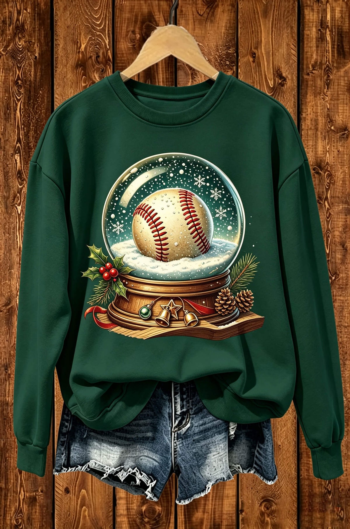 Christmas Baseball Snow Globe Graphic Crewneck Sweatshirt