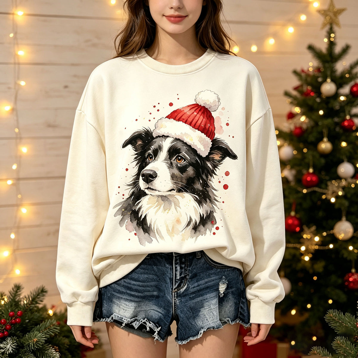 Christmas Border Collie Santa Hat Graphic Crewneck Sweatshirt