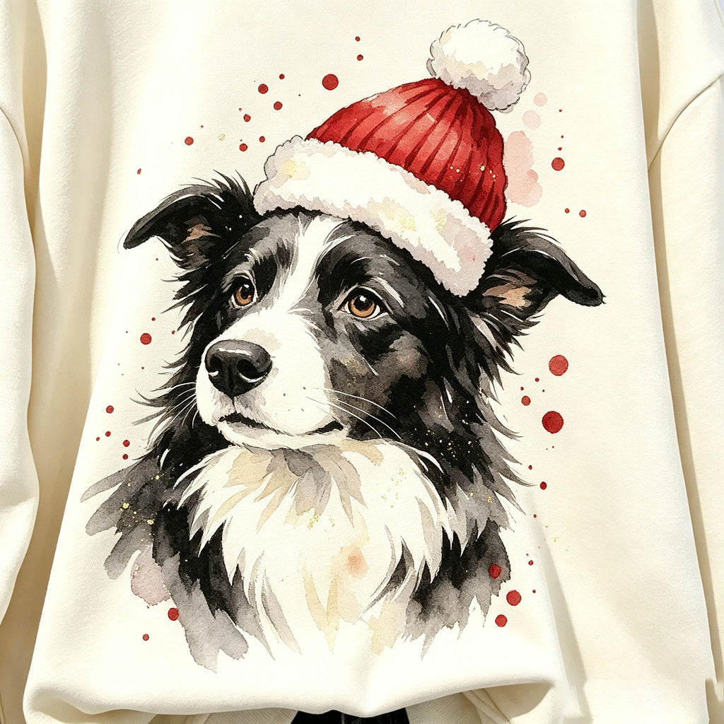 Christmas Border Collie Santa Hat Graphic Crewneck Sweatshirt