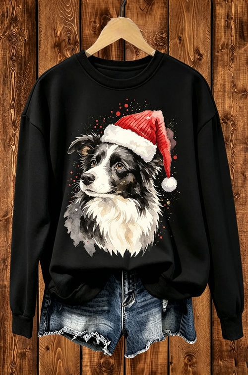 Christmas Border Collie Santa Hat Graphic Crewneck Sweatshirt