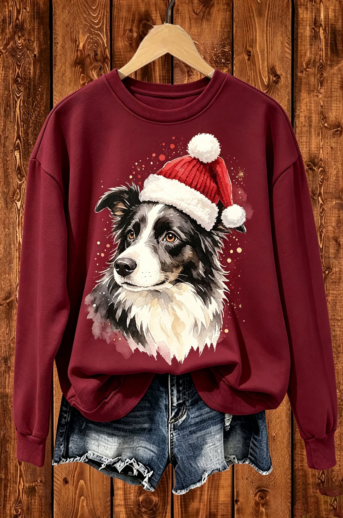 Christmas Border Collie Santa Hat Graphic Crewneck Sweatshirt