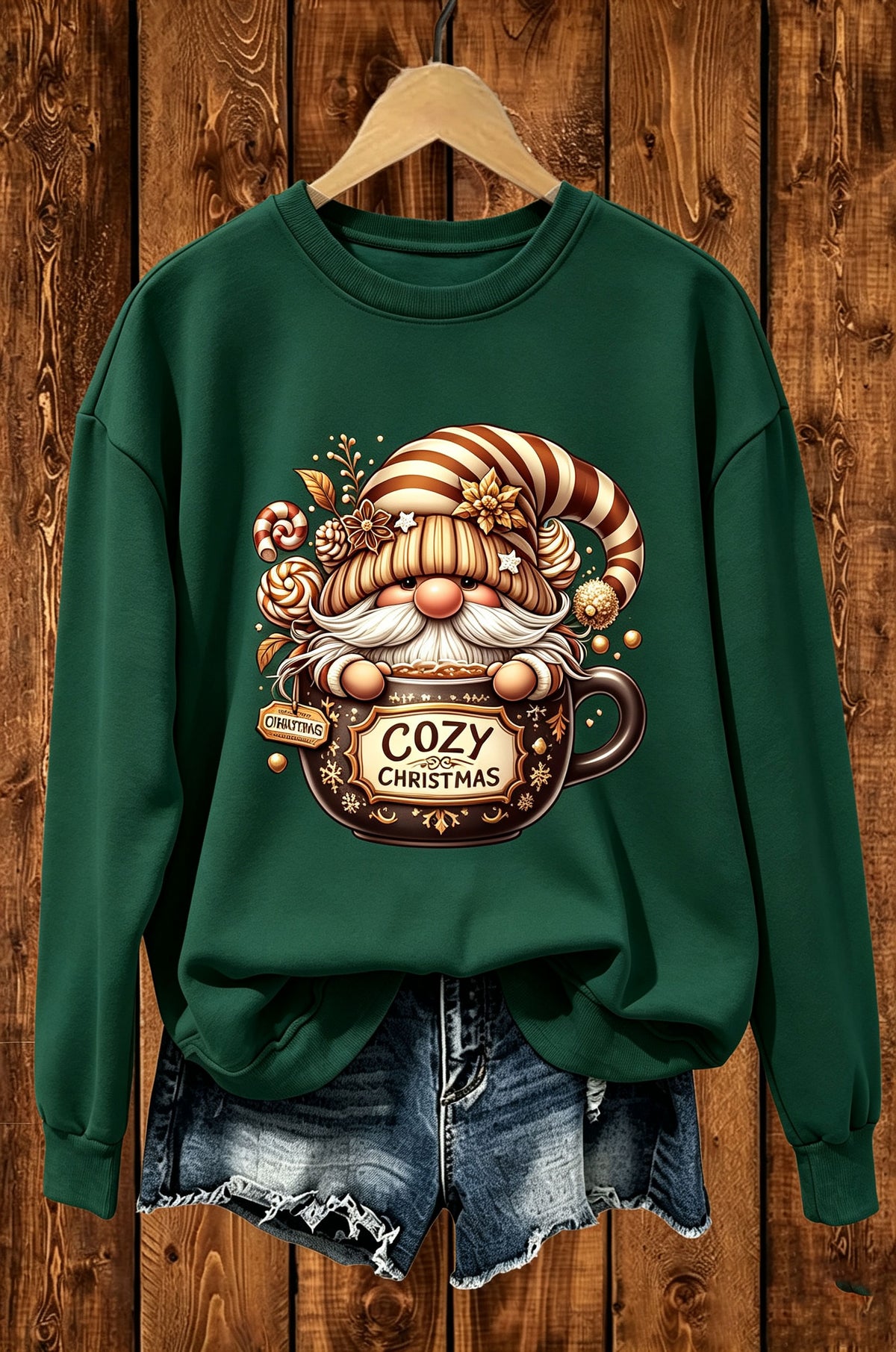 Cozy Christmas Gnome Hot Cocoa Mug Graphic Crewneck Sweatshirt