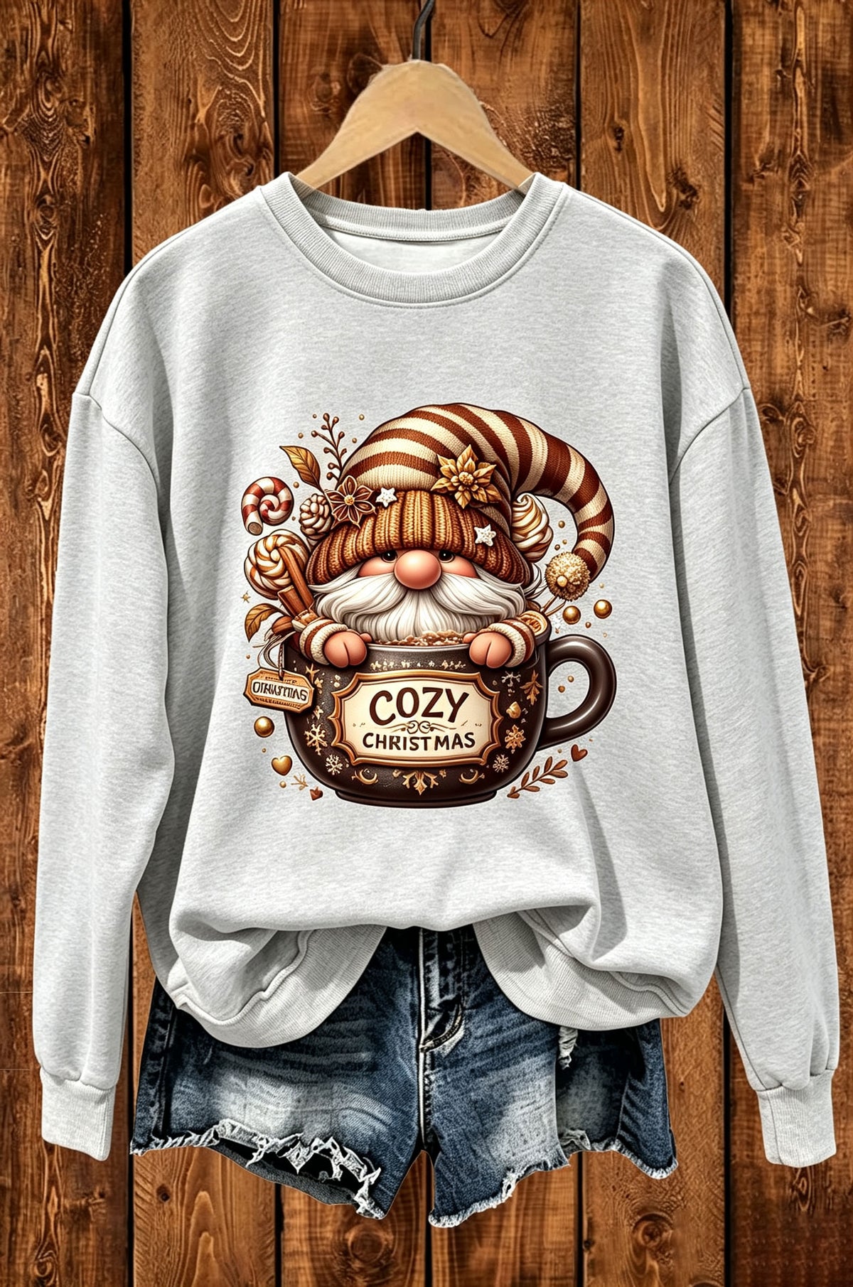 Cozy Christmas Gnome Hot Cocoa Mug Graphic Crewneck Sweatshirt