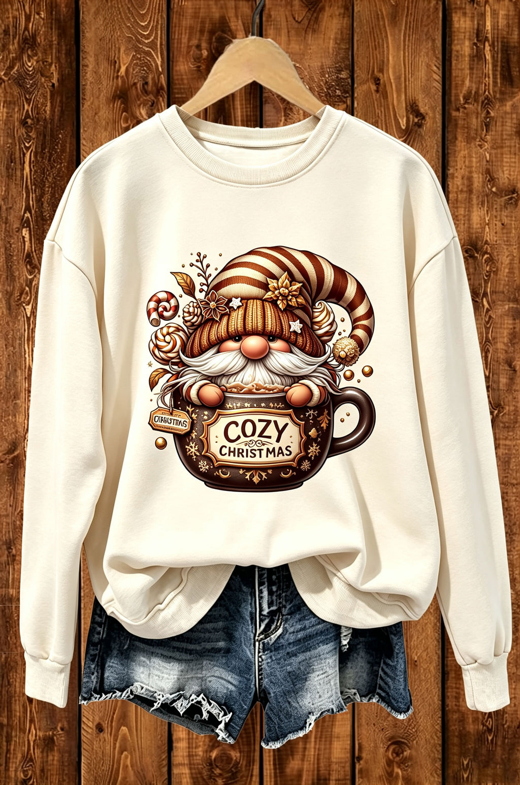 Cozy Christmas Gnome Hot Cocoa Mug Graphic Crewneck Sweatshirt