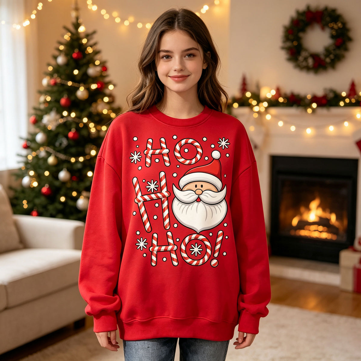 Ho Ho Ho Santa Candy Cane Christmas Graphic Crewneck Sweatshirt