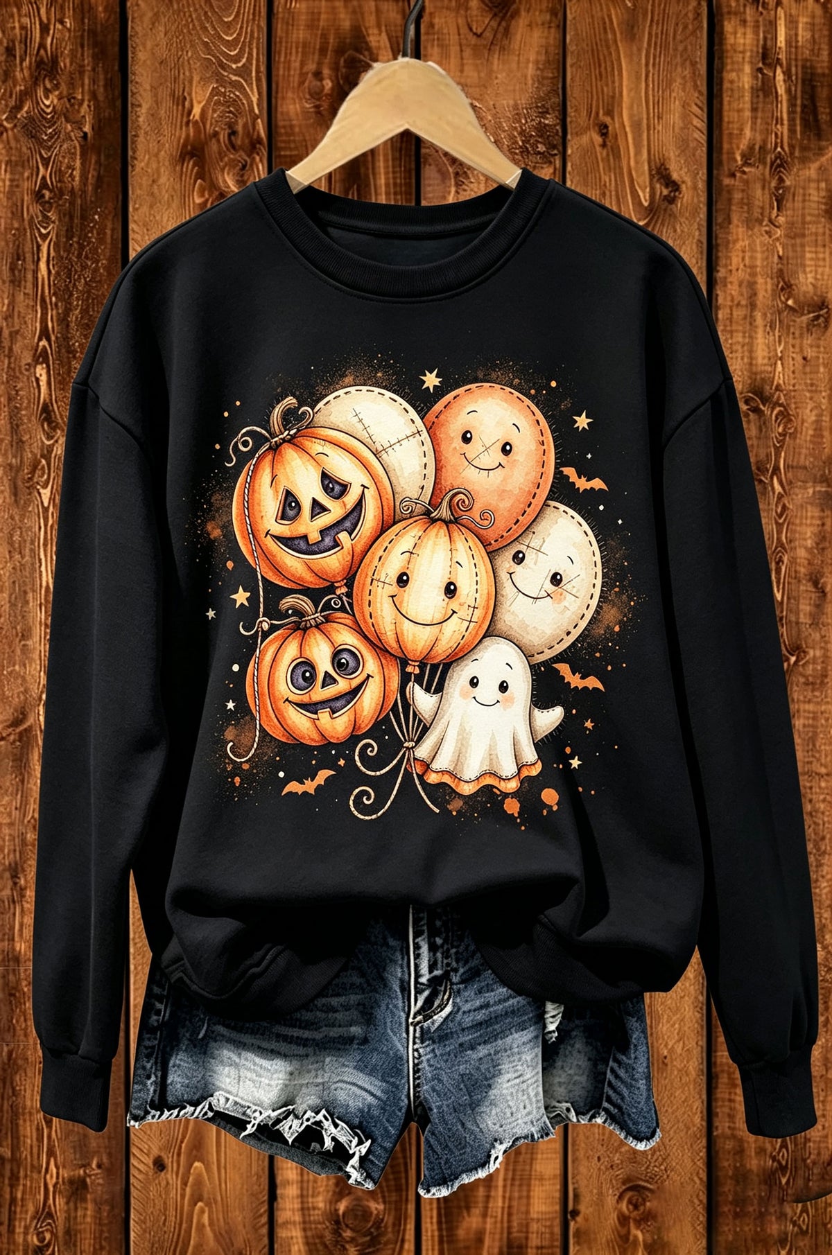 Halloween Pumpkin Ghost Balloon Graphic Crewneck Sweatshirt