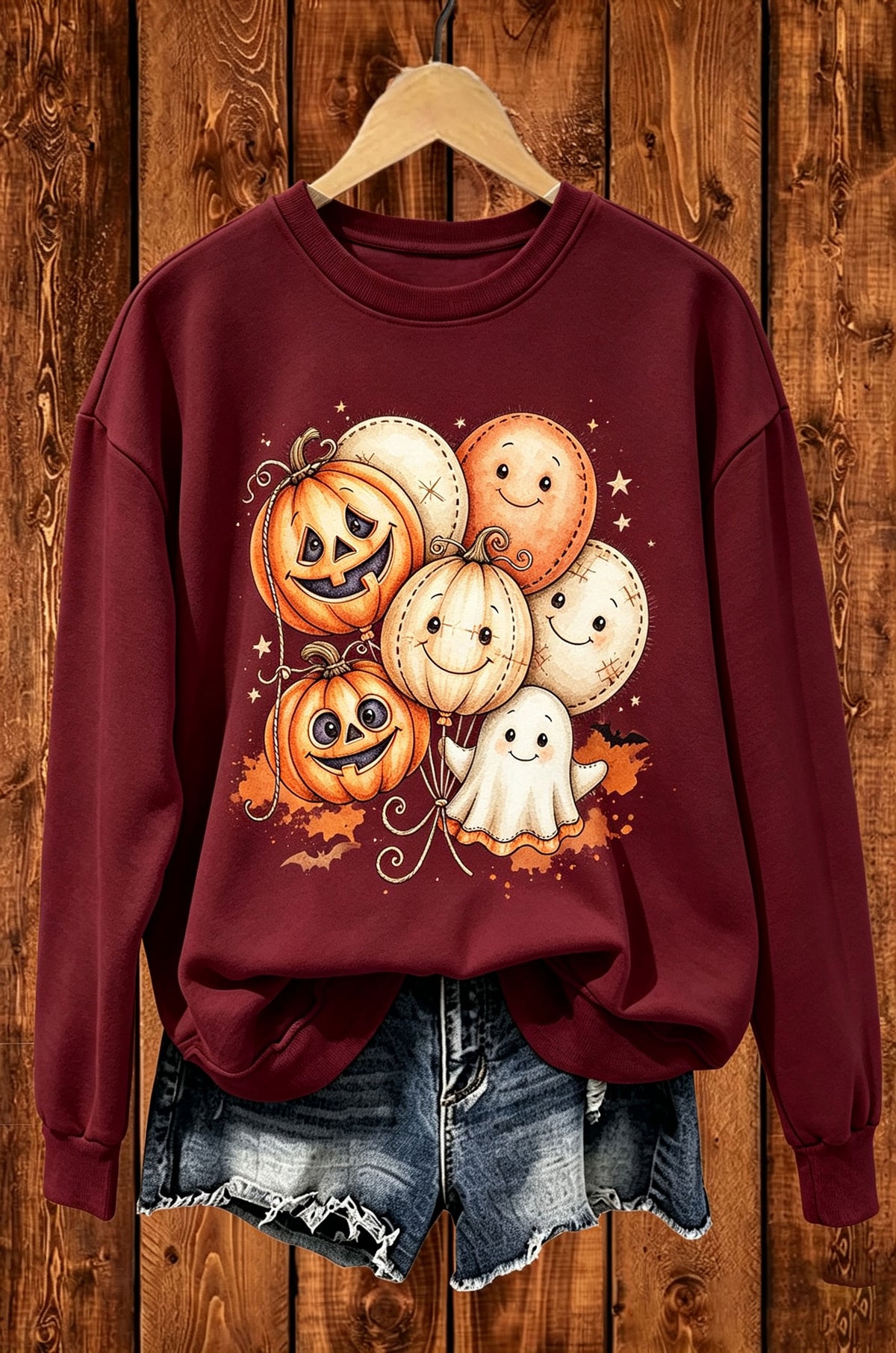 Halloween Pumpkin Ghost Balloon Graphic Crewneck Sweatshirt