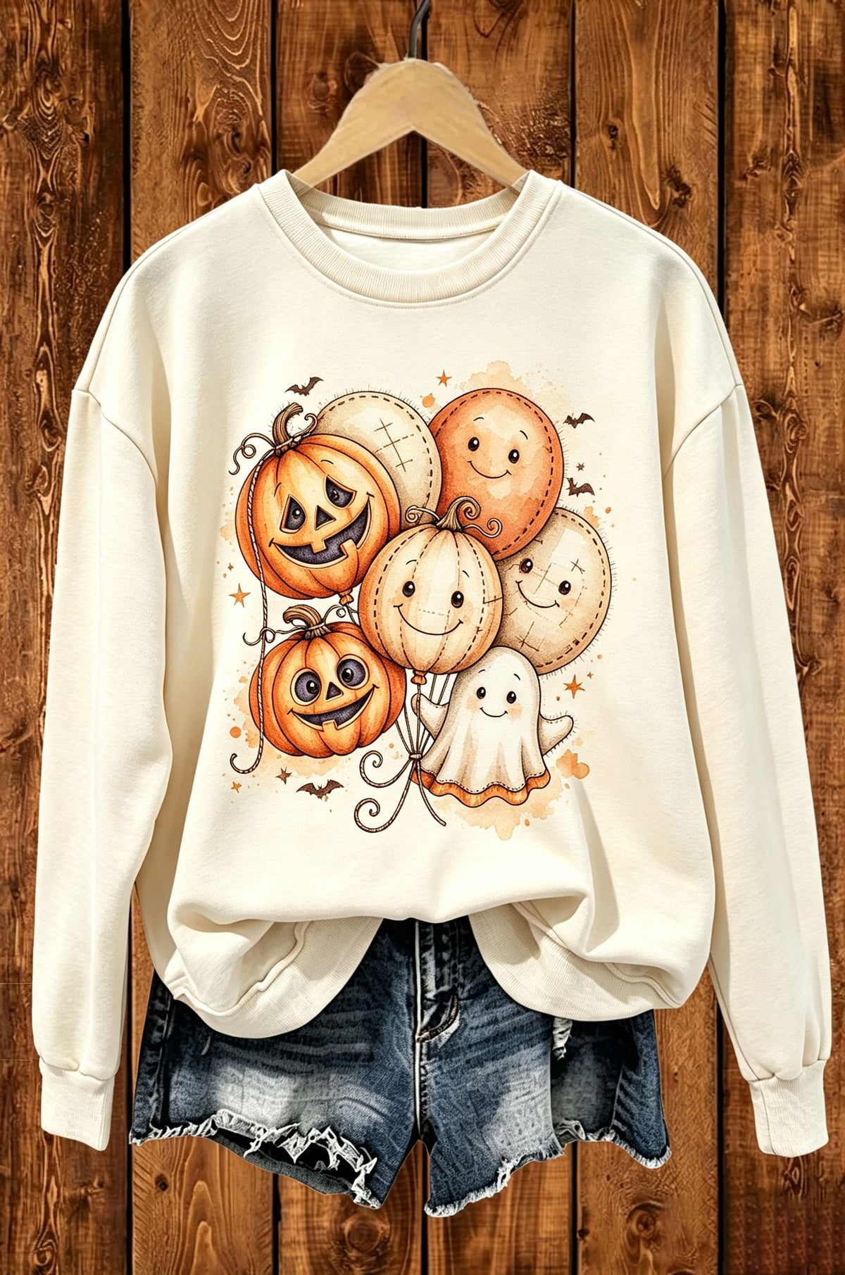 Halloween Pumpkin Ghost Balloon Graphic Crewneck Sweatshirt