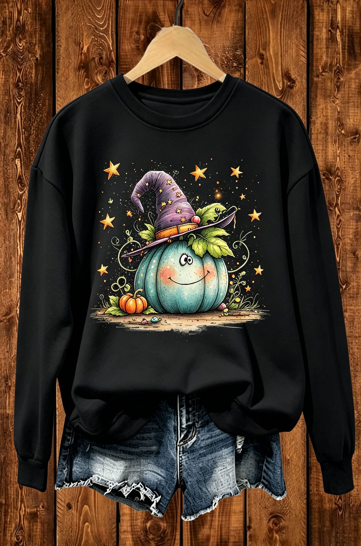Cute Pumpkin Witch Hat Halloween Graphic Crewneck Sweatshirt