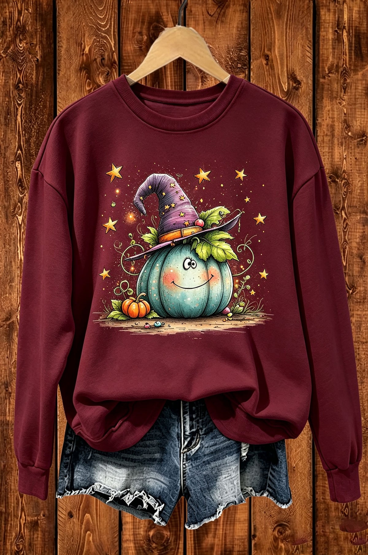 Cute Pumpkin Witch Hat Halloween Graphic Crewneck Sweatshirt