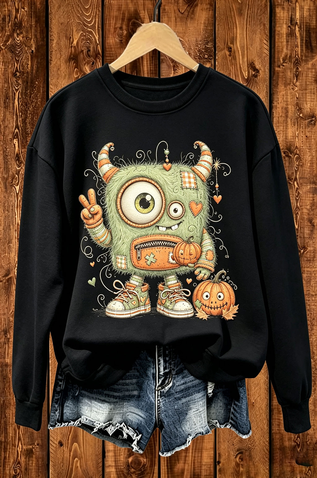Cute Monster Pumpkin Halloween Graphic Crewneck Sweatshirt