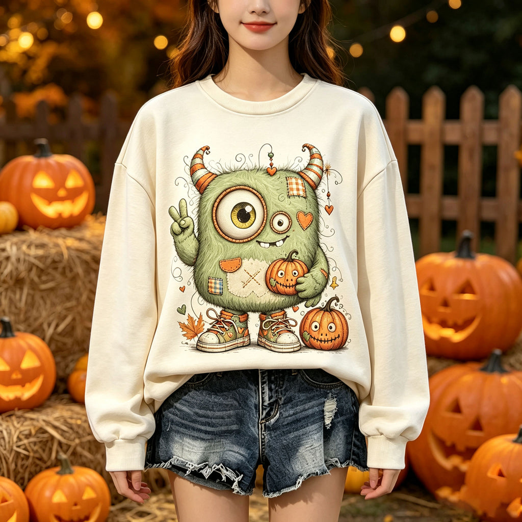 Cute Monster Pumpkin Halloween Graphic Crewneck Sweatshirt