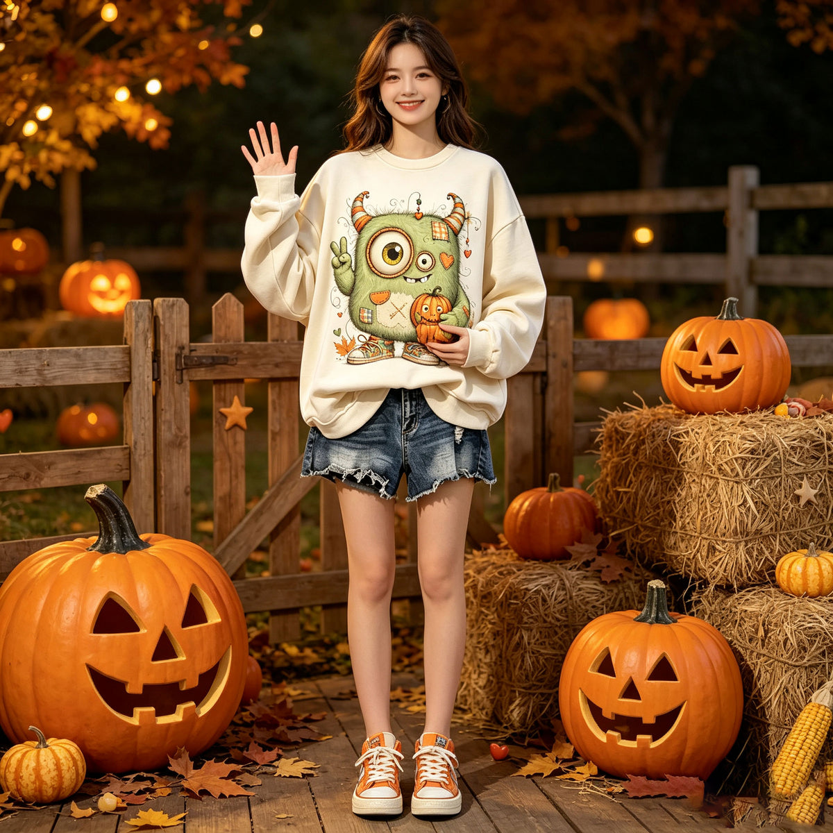 Cute Monster Pumpkin Halloween Graphic Crewneck Sweatshirt