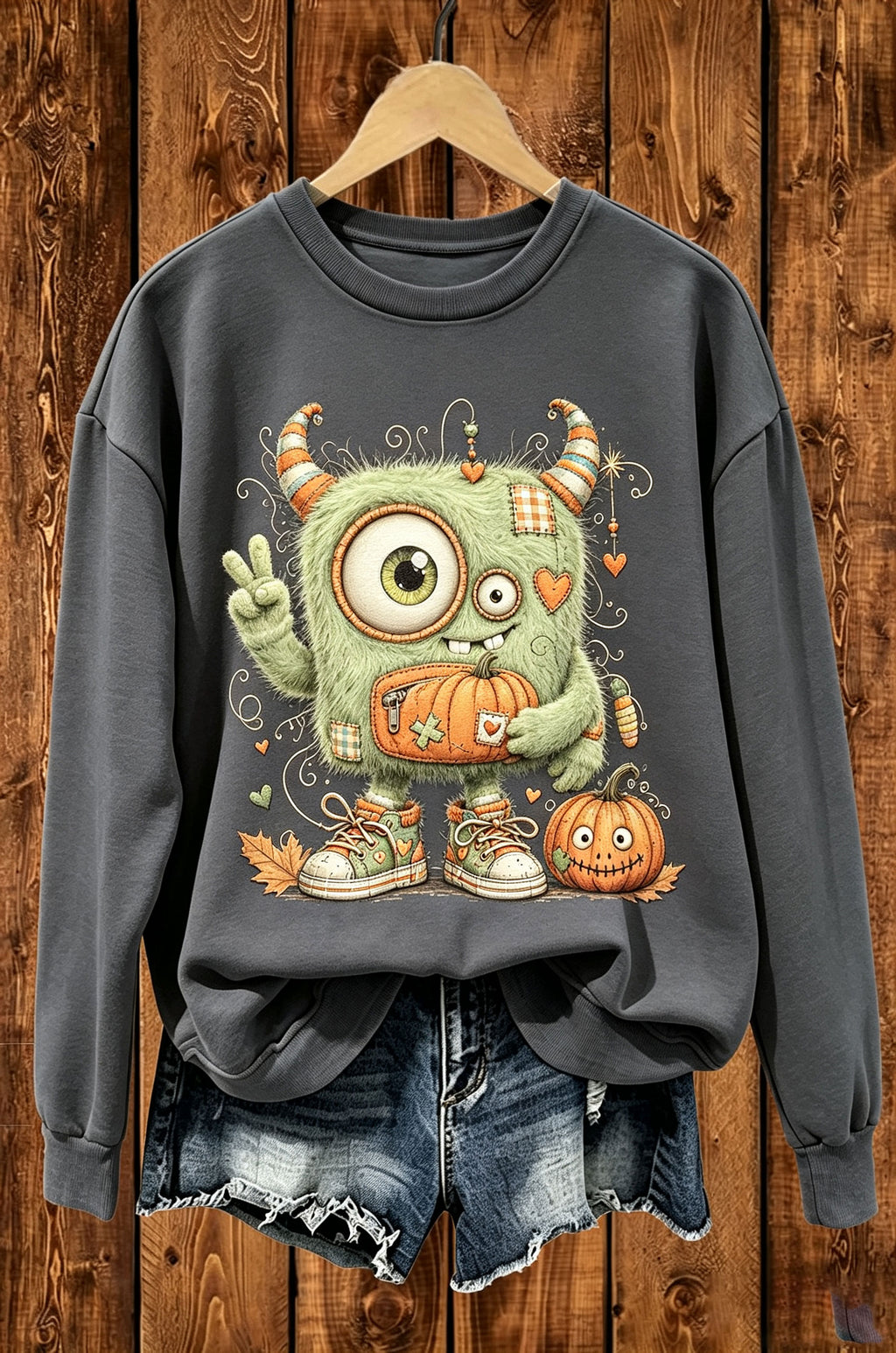 Cute Monster Pumpkin Halloween Graphic Crewneck Sweatshirt