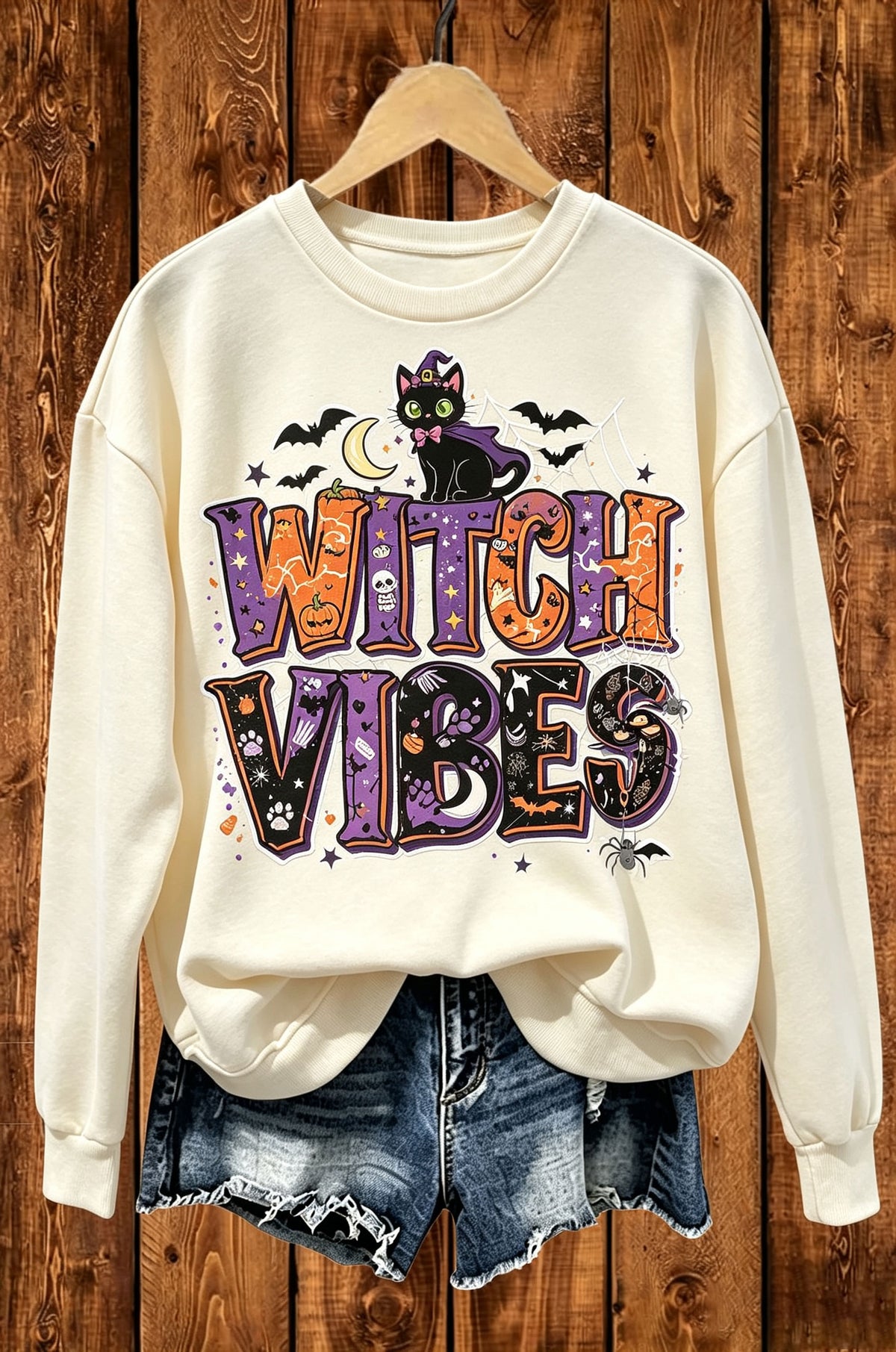 Witch Vibes Black Cat Halloween Graphic Crewneck Sweatshirt